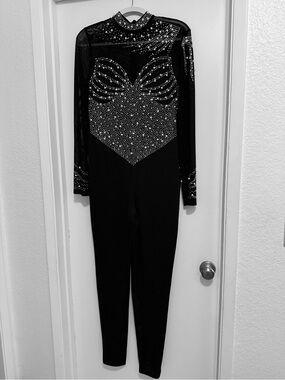 Black Rhinestone-Embellished Long-Sleeve Jumpsuit